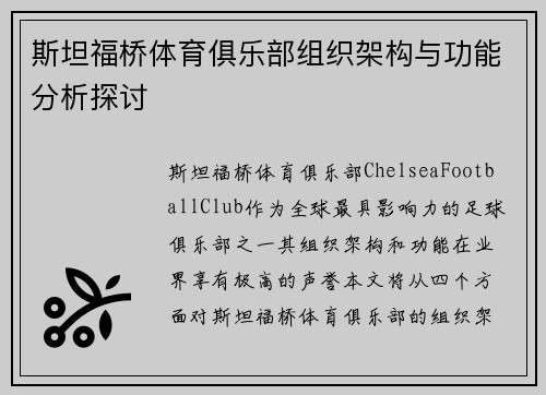 斯坦福桥体育俱乐部组织架构与功能分析探讨 斯坦福桥体育俱乐部组织架构与功能分析探讨